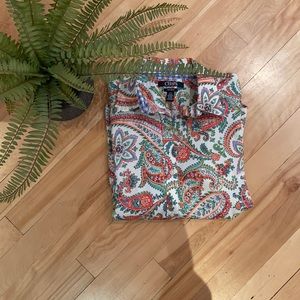 Chaps White Paisley Button-Front Blouse with Orange, Teal & Pink Accents